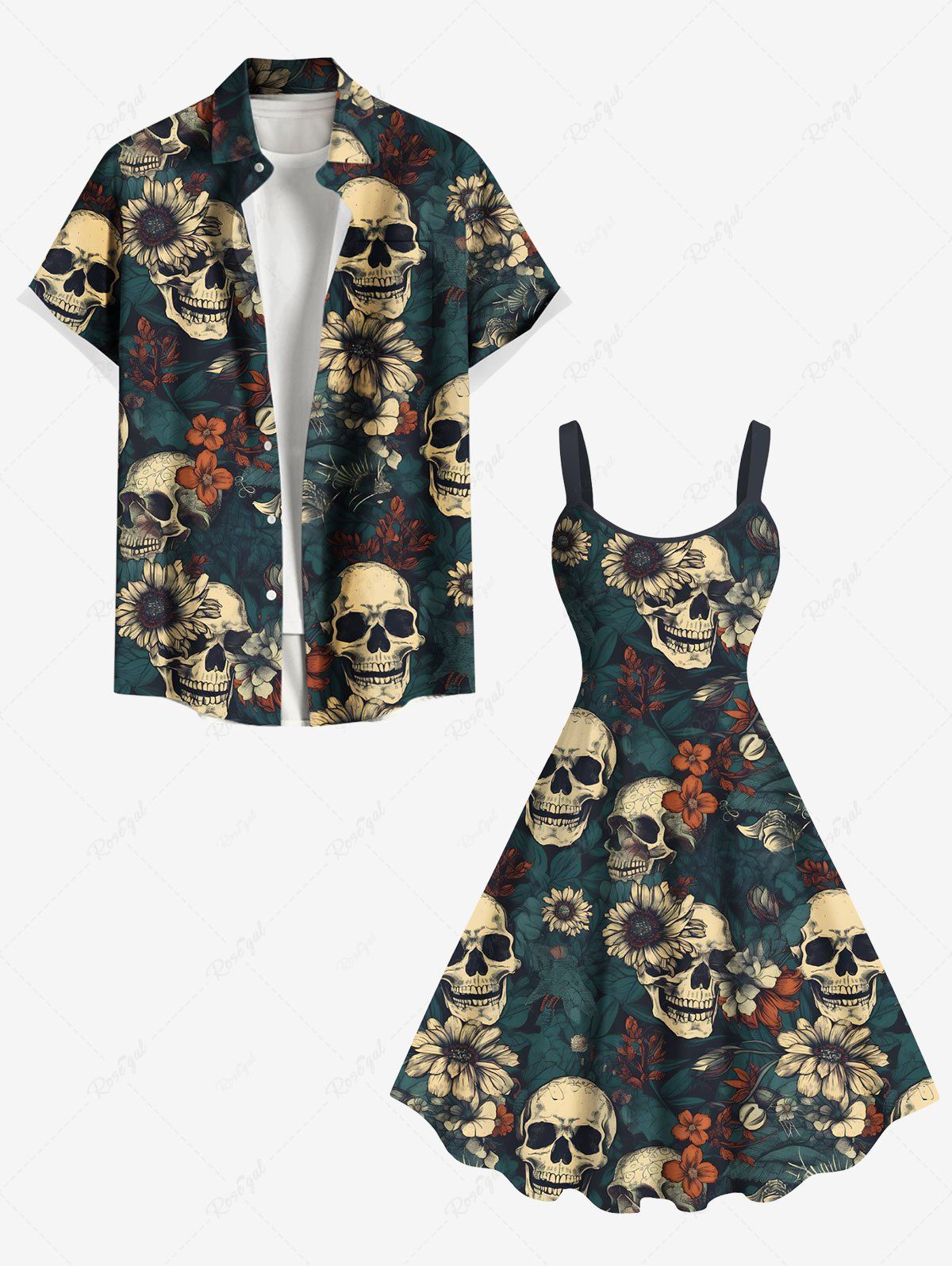 Shops Skulls Flowers Print Plus Size Matching Hawaii Beach Outfit For Couples  