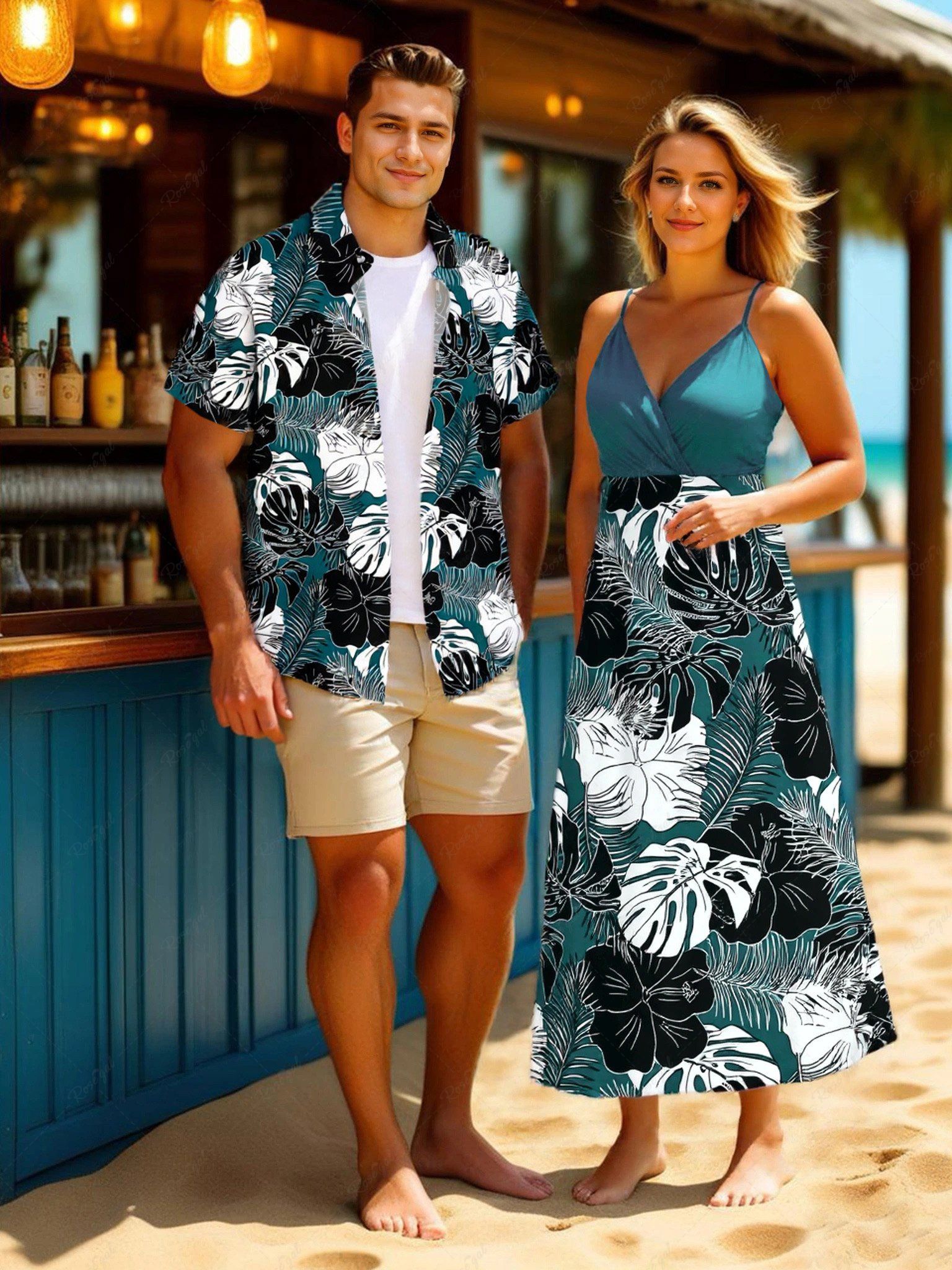 Tenue de plage hawaïenne assortie grande taille à imprimé feuilles tropicales pour couples Vert 