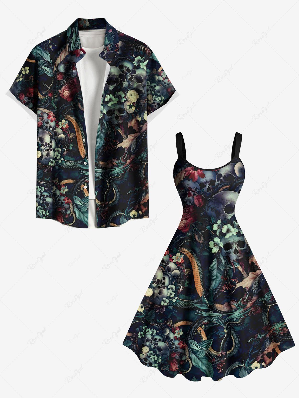 Tenue de plage hawaïenne assortie grande taille, motif tête de mort, fleurs, imprimé serpent, pour couples Noir 