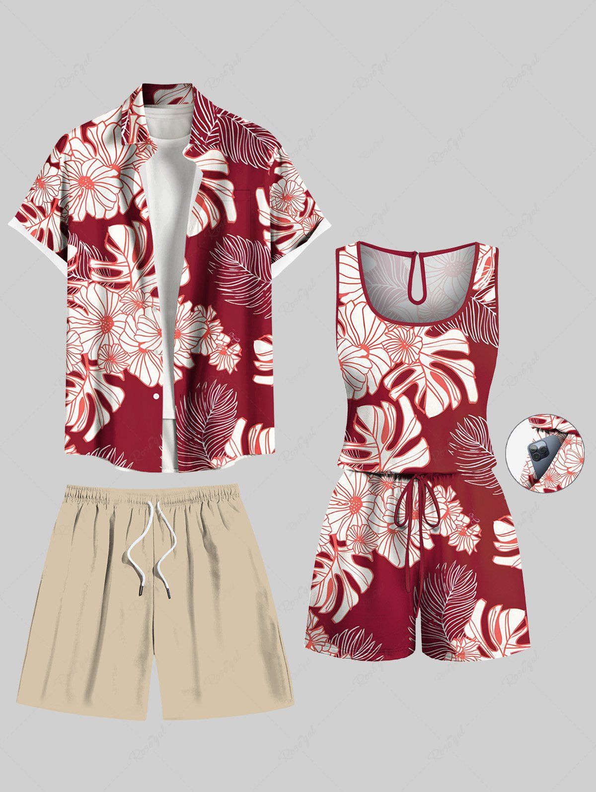 Ensemble chemise hawaïenne, short et barboteuse assortis, grande taille, tenue de plage à imprimé feuilles tropicales et fleurs pour couples Rouge 