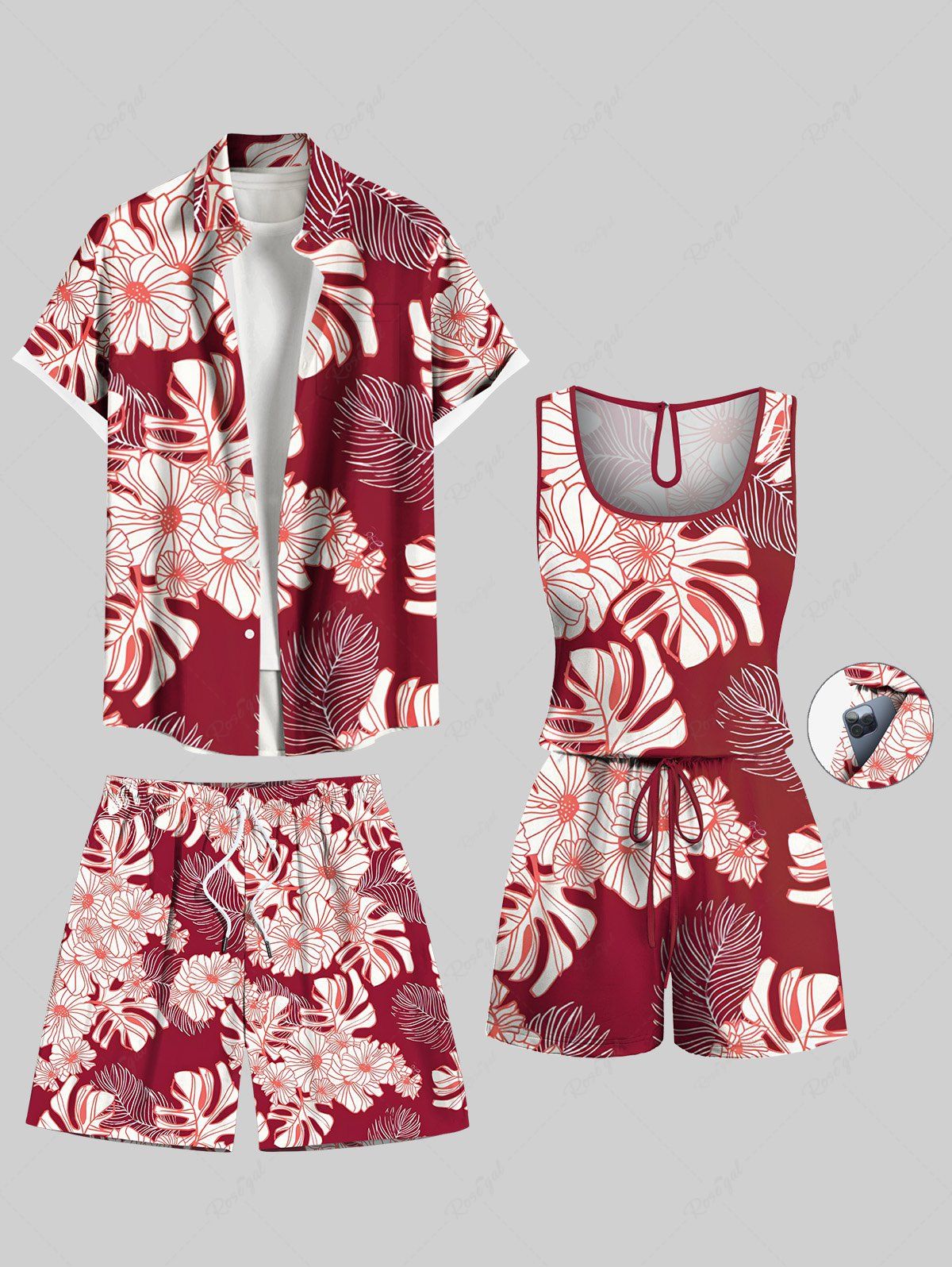 Fashion Matching Hawaii Shirt Shorts and Romper Plus Size Beach Outfit Tropical Leaf Flower Print For Couples  