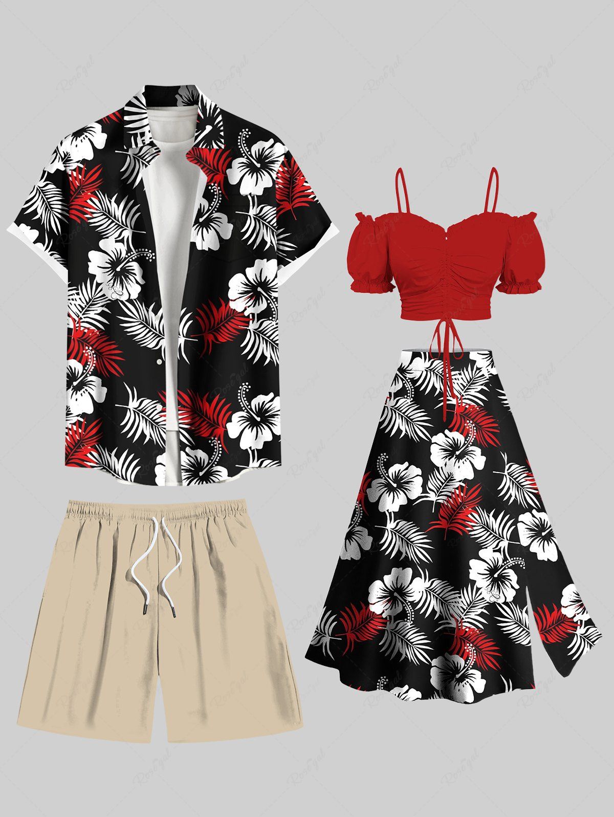 Cheap Two Tone Tropical Leaf Hibiscus Flower Print Plus Size Matching Hawaii Beach Outfit For Couples  