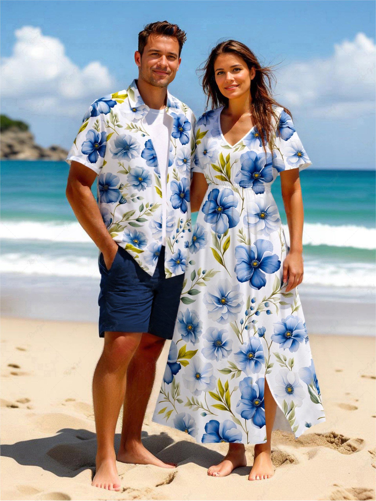 Tenue de plage hawaïenne assortie grande taille à imprimé fleurs et feuilles pour couples Blanc 