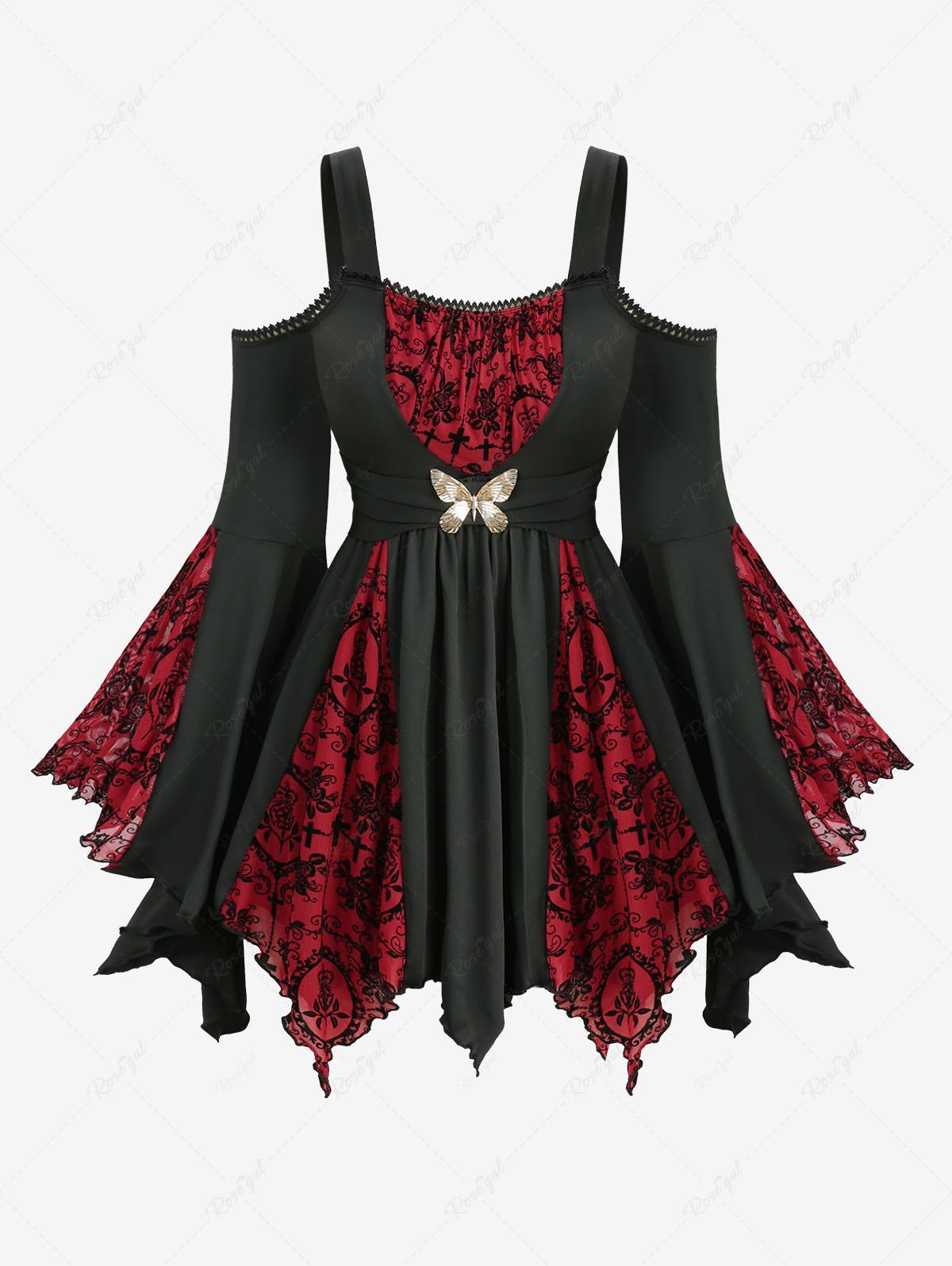 Haut gothique grande taille en maille croisée florale floquée avec bordure en dentelle et boucle papillon, épaules dénudées, manches évasées Noir 4X | US 26-28