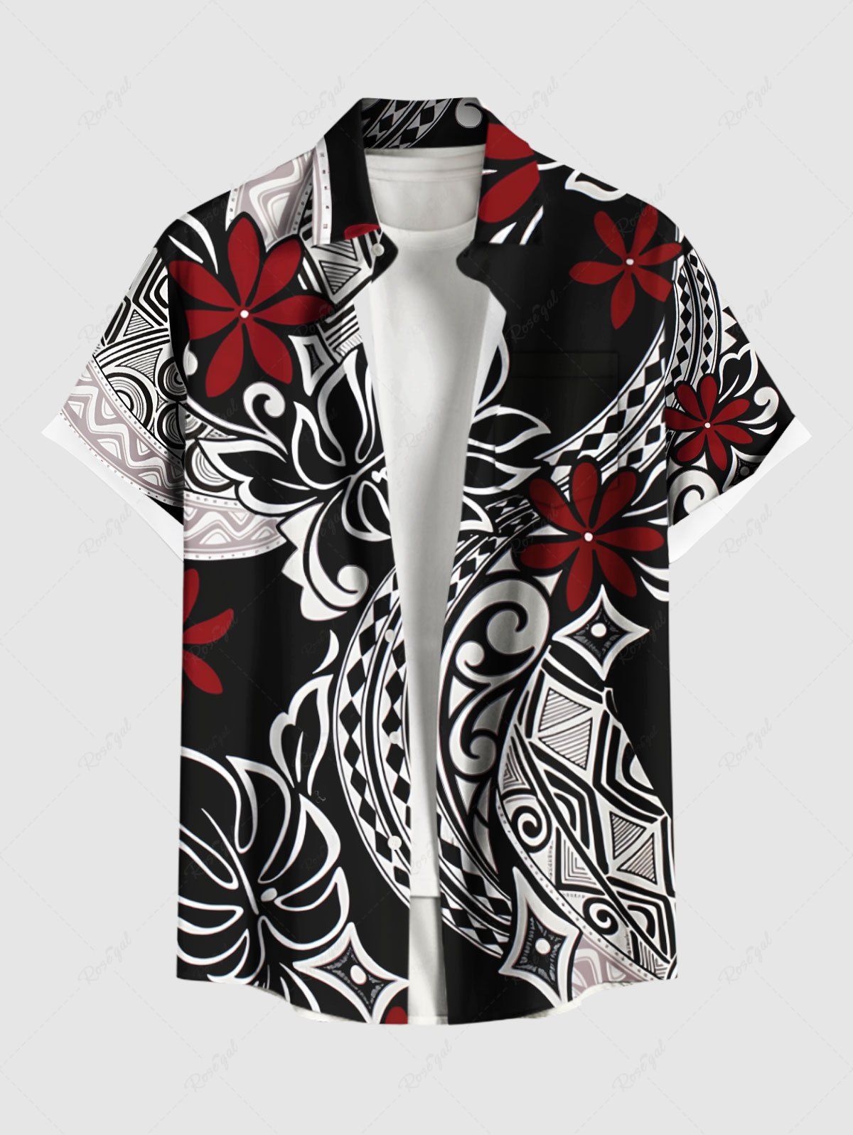 Chemise hawaïenne à boutons et poches pour homme, grande taille, imprimé ethnique, feuilles tropicales, hibiscus et fleurs Noir 3XL