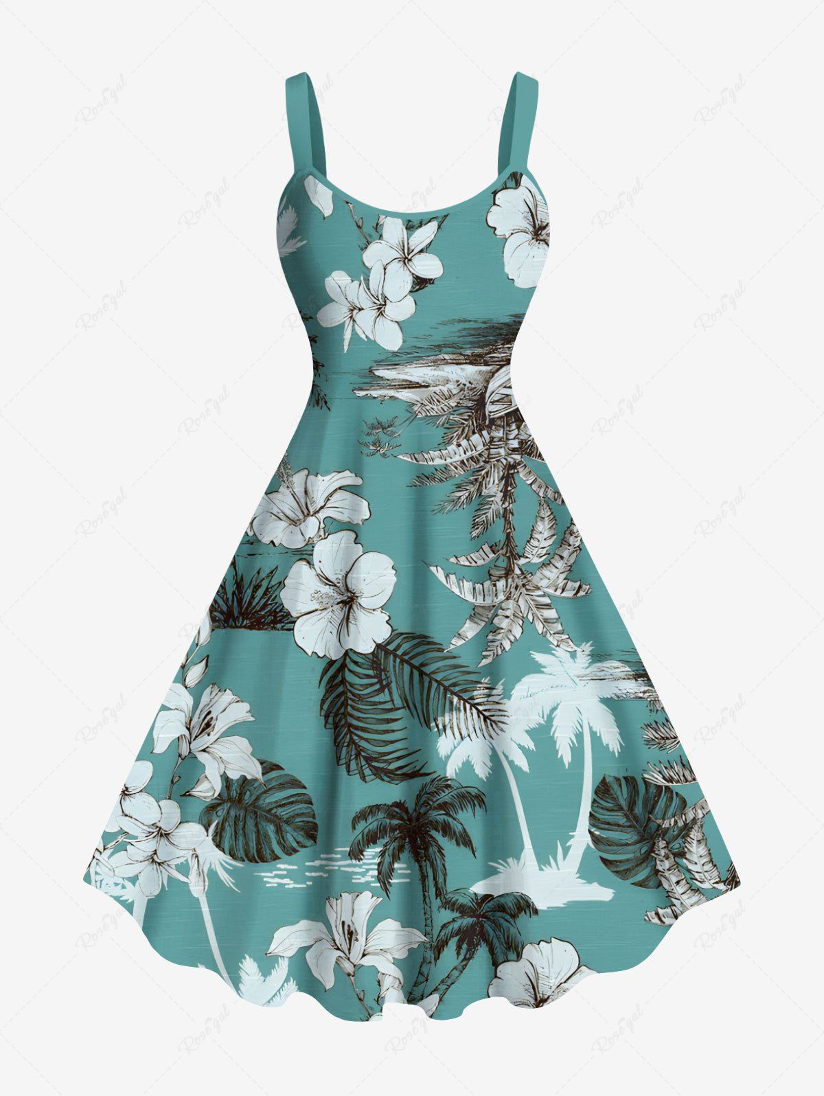 Robe débardeur grande taille à imprimé tropical, feuilles de cocotier, hibiscus et fleurs hawaïennes Vert 6X