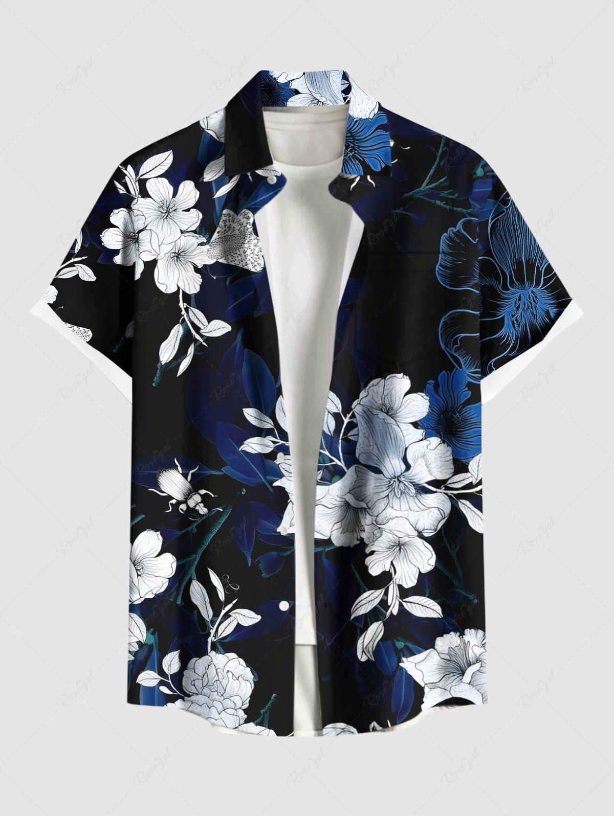 Discount Plus Size Ombre Hibiscus Flower Leaf Branch Print Hawaii Button Pocket Shirt For Men  