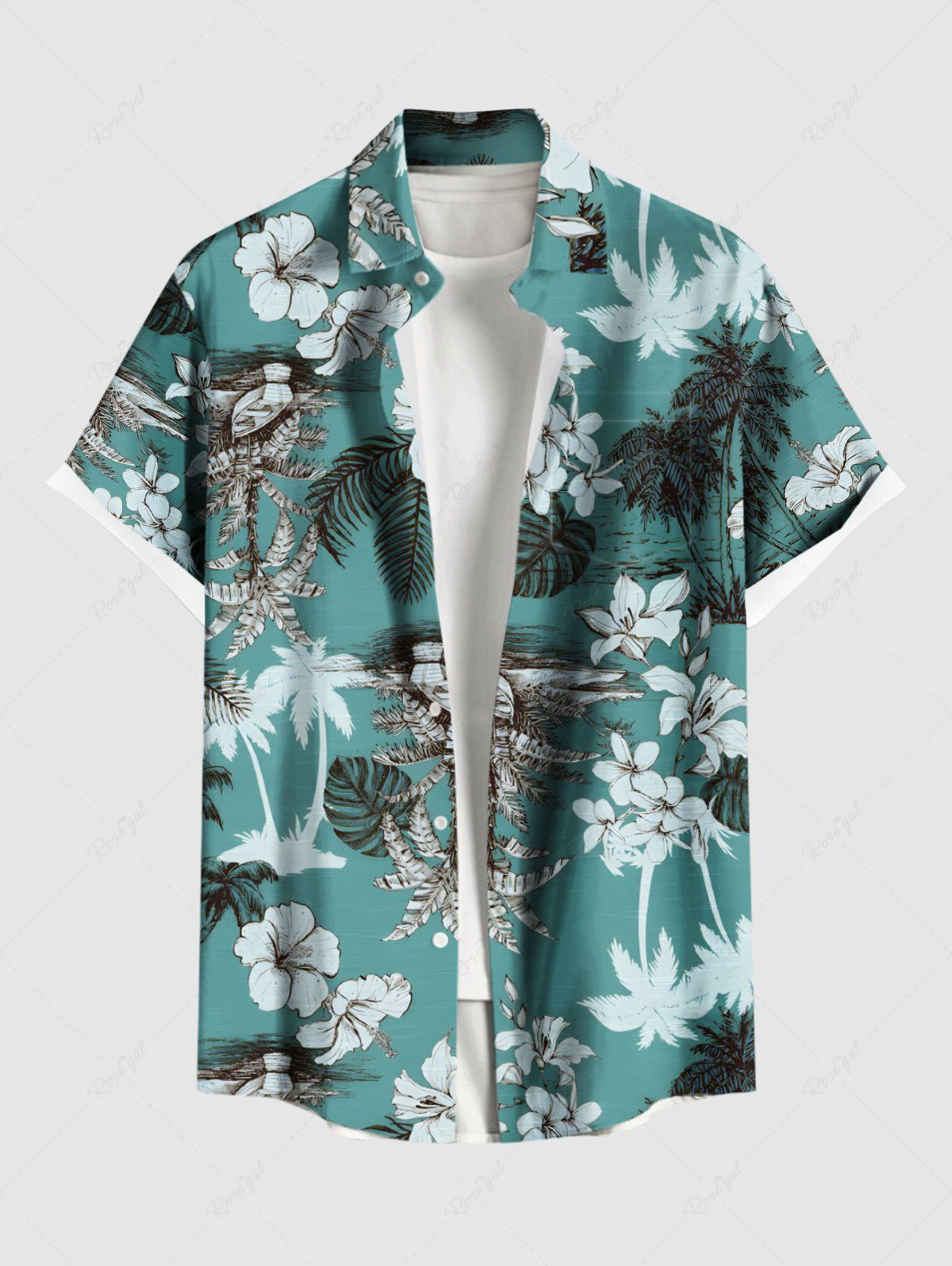Discount Plus Size Coconut Tree Tropical Leaf Hibiscus Flower Print Hawaii Button Pocket Shirt For Men  