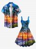 Tenue de plage hawaïenne assortie grande taille avec imprimé cocotiers, ciel et nuages colorés, pour couples - Bleu 