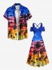 Tenue de plage hawaïenne assortie grande taille à imprimé nuage et cocotiers, idéale pour les couples - Bleu Ciel 