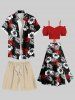 Plus Size Two Tone Tropical Leaf Hibiscus Flower Print Hawaii Button Pocket Shirt For Men -  
