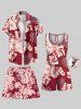 Short de plage grande taille à imprimé feuilles tropicales et fleurs d'hibiscus hawaïen avec cordon de serrage et poches pour homme - Rouge 6XL