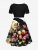 Plus Size Flowers Leaf Moon Print Cinched Hawaii Dress -  