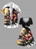 Plus Size Flowers Leaf Moon Print Cinched Hawaii Dress -  