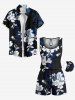 Plus Size Ombre Hibiscus Flower Leaf Branch Print Hawaii Drawstring Pocket Romper -  
