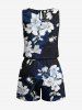 Plus Size Ombre Hibiscus Flower Leaf Branch Print Hawaii Drawstring Pocket Romper -  