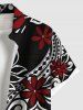 Chemise hawaïenne à boutons et poches pour homme, grande taille, imprimé ethnique, feuilles tropicales, hibiscus et fleurs - Noir 2XL