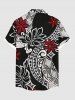 Chemise hawaïenne à boutons et poches pour homme, grande taille, imprimé ethnique, feuilles tropicales, hibiscus et fleurs - Noir 3XL