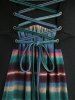 Rainbow Stripes Print Grommets Lace Up Cinched Turn Down Collar Dress -  