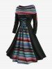 Rainbow Stripes Print Grommets Lace Up Cinched Turn Down Collar Dress -  