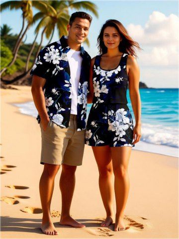 Matching Hawaii Shirt and Romper Plus Size Beach Outfit Ombre Hibiscus Flower Leaf Branch Print For Couples - MIDNIGHT BLUE