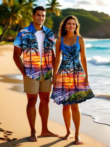 Coconut Tree Colorful Sky Cloud Print Plus Size Matching Hawaii Beach Outfit For Couples - BLUE
