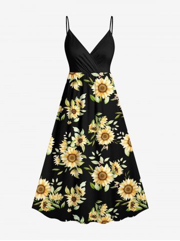Plus Size Sunflower Leaf Print Hawaii Surplice A Line Cami Dress - BLACK - 5X