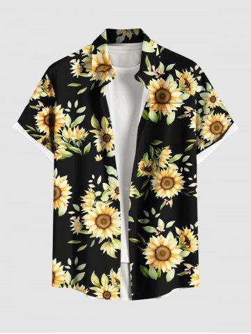 Plus Size Sunflower Leaf Print Hawaii Button Pocket Shirt For Men - BLACK - L