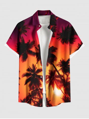 Plus Size Coconut Tree Dip Dye Ombre Sunset Print Hawaii Button Pocket Shirt For Men - ORANGE - S