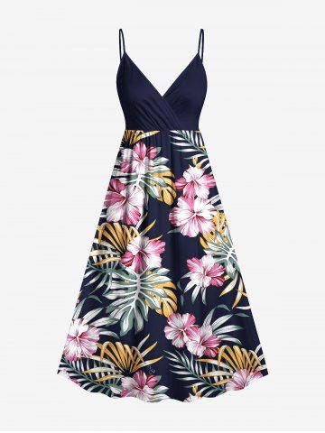 Plus Size Tropical Leaf Hibiscus Flower Print Hawaii Surplice A Line Cami Dress - DEEP BLUE - 6X
