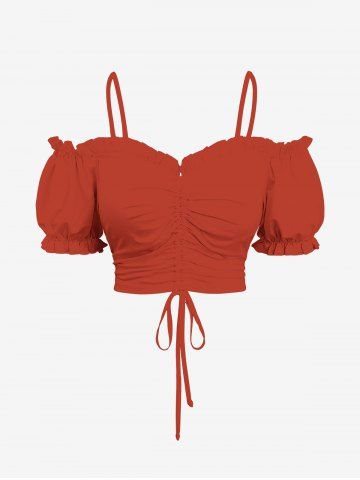 Plus Size Solid Cold Shoulder Puff Sleeve Cinched Top - ORANGE - M
