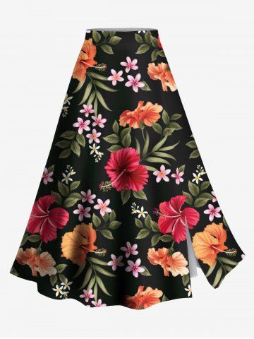 Plus Size Tropical Leaf Hibiscus Flower Print Hawaii Split A Line Skirt - BLACK - 1X