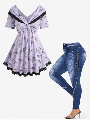 Flower Print Twist Convertible Collar Top and 3D Denim Lace Up Graphic Leggings Plus Size Outfit - PURPLE