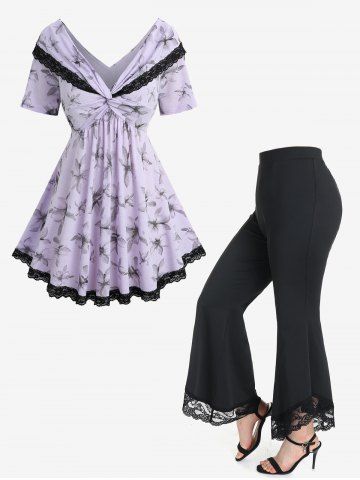 Flower Print Twist Convertible Collar Top and Lace Panel High Waisted Flare Pants Plus Size Outfit - PURPLE
