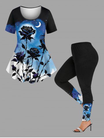 Rose Flower Moon Star Galaxy Print T-shirt and Leggings Plus Size Matching Set - BLACK