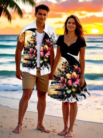 Tenue de plage hawaïenne assortie grande taille à imprimé fleurs, feuilles et lune pour couples - WHITE