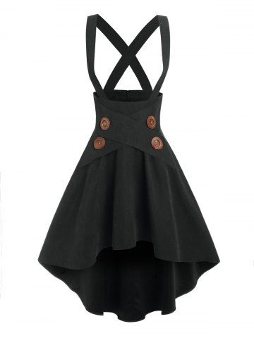 Mock Button Crossover High-low Suspender Skirt - BLACK - M