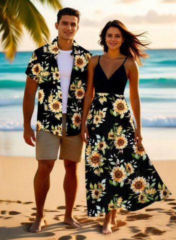Sunflower Leaf Print Plus Size Matching Hawaii Beach Outfit For Couples - BLACK