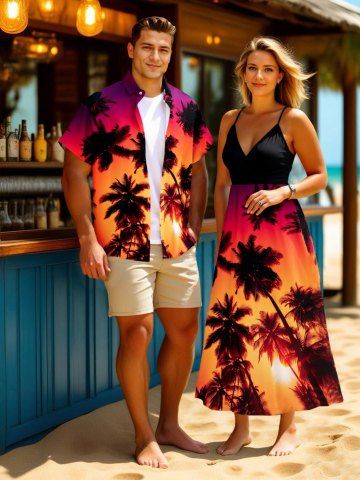 Tenue de plage hawaïenne assortie grande taille, motif cocotier, imprimé coucher de soleil ombré, pour couples
