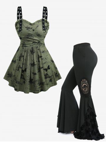 Tenue grande taille avec débardeur à imprimé papillon et pantalon évasé en maille floquée avec tête de mort - COFFEE
