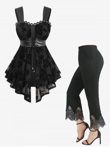 Rose Flocking Mesh Lace Up Tank Top and Scalloped Tassel Flare Pants Plus Size Outfit - BLACK