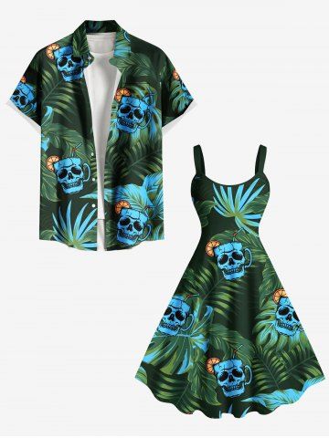 Tenue de plage hawaïenne assortie grande taille à imprimé tropical et feuilles oranges, motif tête de mort, pour couple - LIGHT GREEN