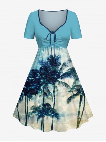 Plus Size Coconut Tree Water Ripples Print Cinched Hawaii Dress - LIGHT GREEN - XXS
