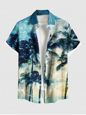Plus Size Coconut Tree Water Ripples Print Buttons Pocket Hawaii Shirt For Men - GREEN - XL