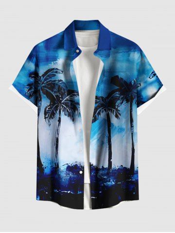 Plus Size Coconut Tree Tie Dye Oil Painting Print Buttons Pocket Hawaii Shirt For Men - BLUE - XL