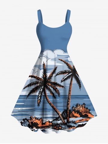 Robe débardeur hawaïenne grande taille à imprimé cocotiers, nuages et paysage marin - LIGHT BLUE - 6X