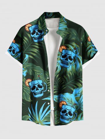 Plus Size Skull Cup Orange Leaf Tropical Print Buttons Pocket Hawaii Shirt For Men - GREEN - XL