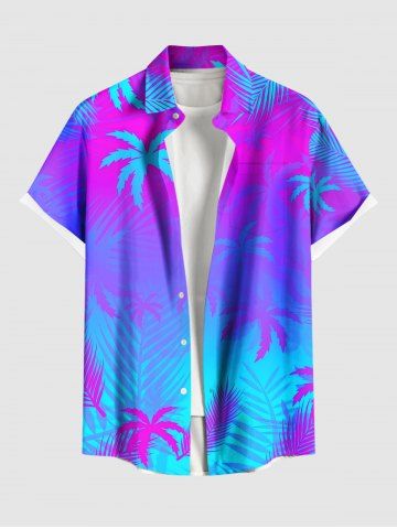 Plus Size Coconut Tree Ombre Print Buttons Pocket Hawaii Shirt For Men - PURPLE - S
