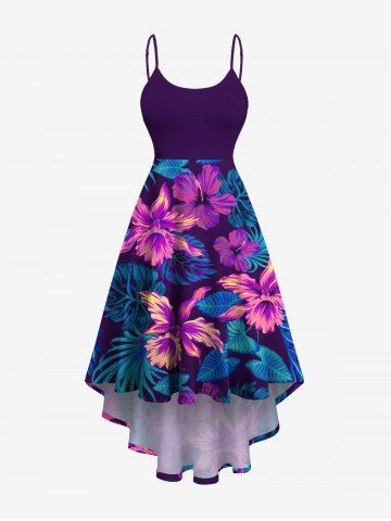 Plus Size Hibiscus Flower Tropical Leaf Print High Low Hawaii Cami Dress - BLACK - 6X
