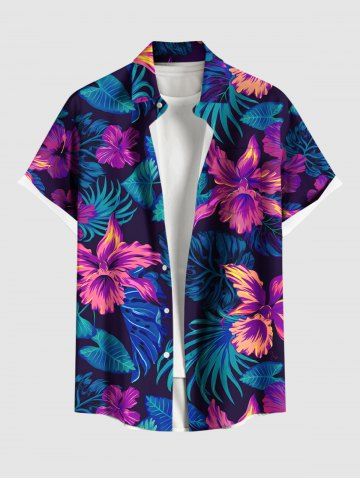 Plus Size Hibiscus Flower Tropical Leaf Print Buttons Pocket Hawaii Shirt For Men - PURPLE - S